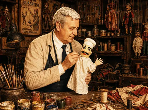 Ciro Mercurio fondatore del Teatrino con un burattino artigianale
