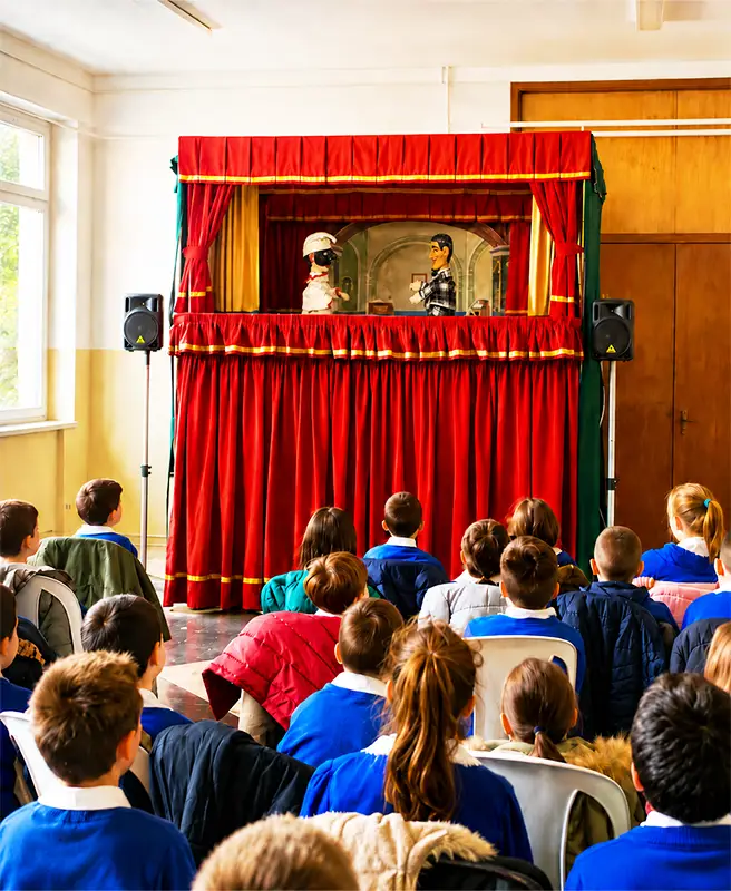 Teatrino dei Burattini Mercurio durante uno spettacolo scolastico per bambini