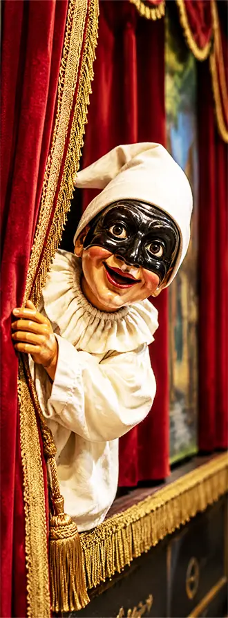 Pulcinella sorprende il pubblico durante uno spettacolo del Teatrino Mercurio