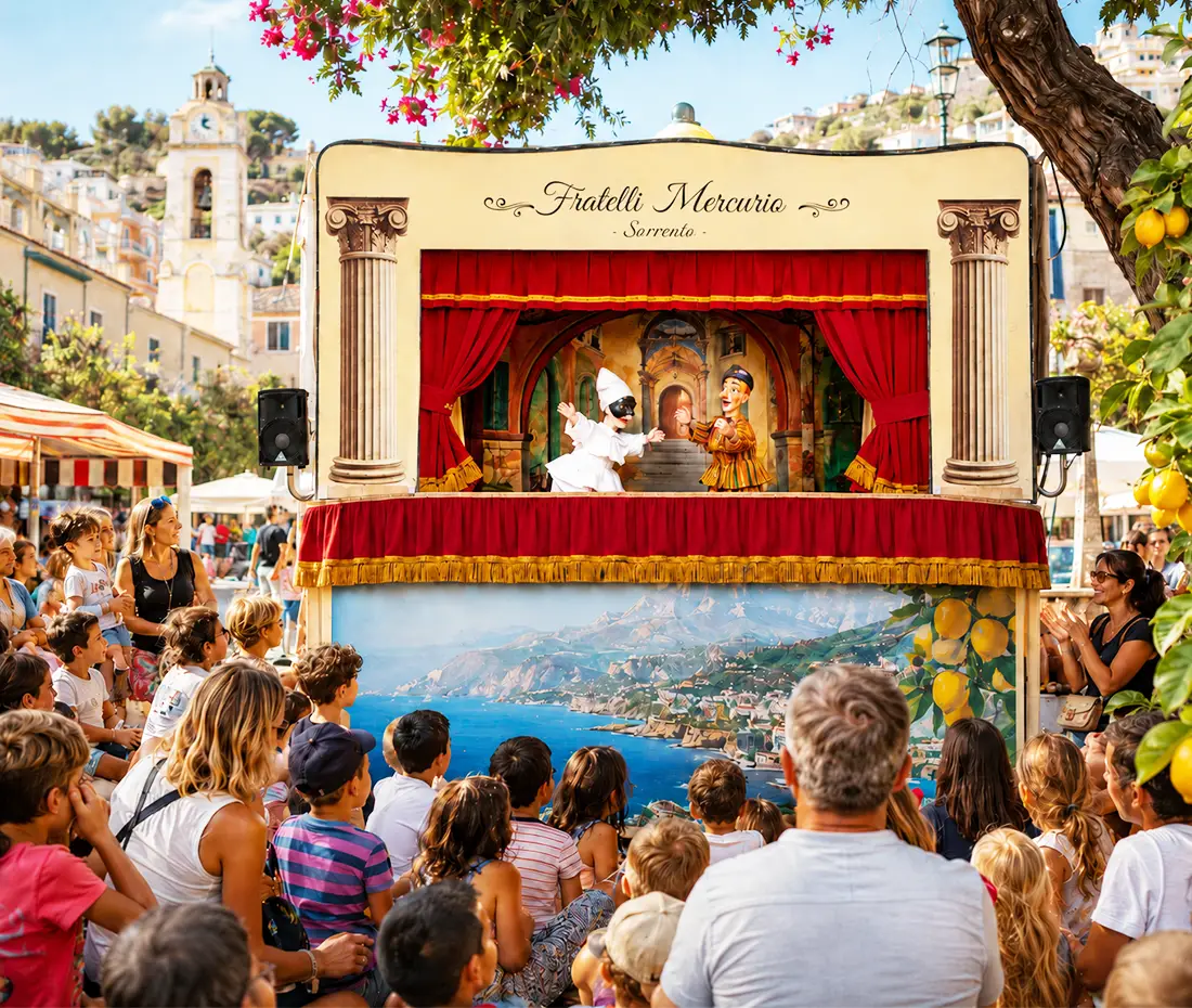 Teatrino dei Burattini Mercurio pronto per uno spettacolo in piazza
