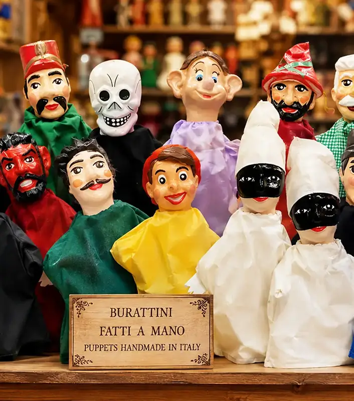 Collezione di burattini artigianali realizzati a mano dalla famiglia Mercurio